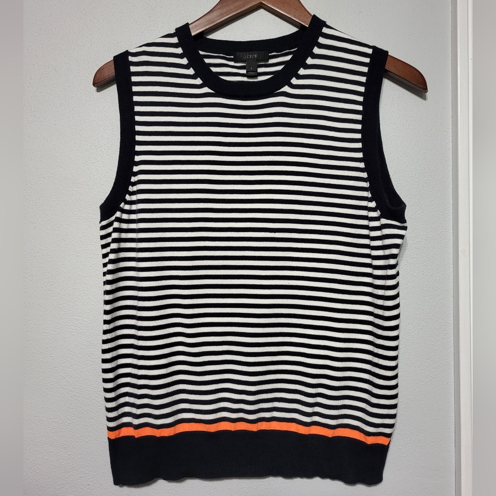 J. Crew Black and White Striped Sleeveless Top with Orange Accent
